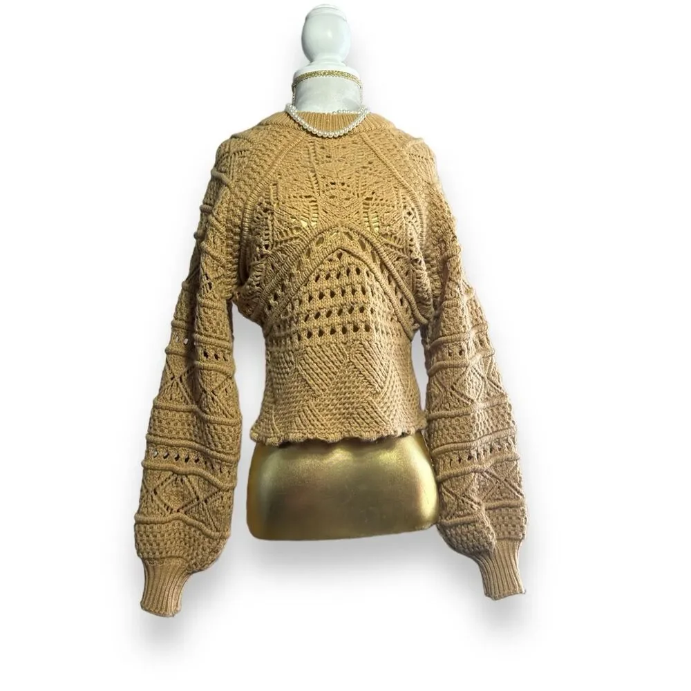 ZARA Wool Brown Chunky Crochet 3D Open Knit Balloon Sleeve Pullover Sweater sz S